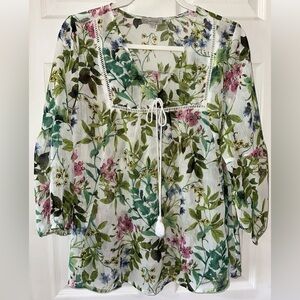Chenault Women's Medium Peasant Blouse Sheer White Multi Floral